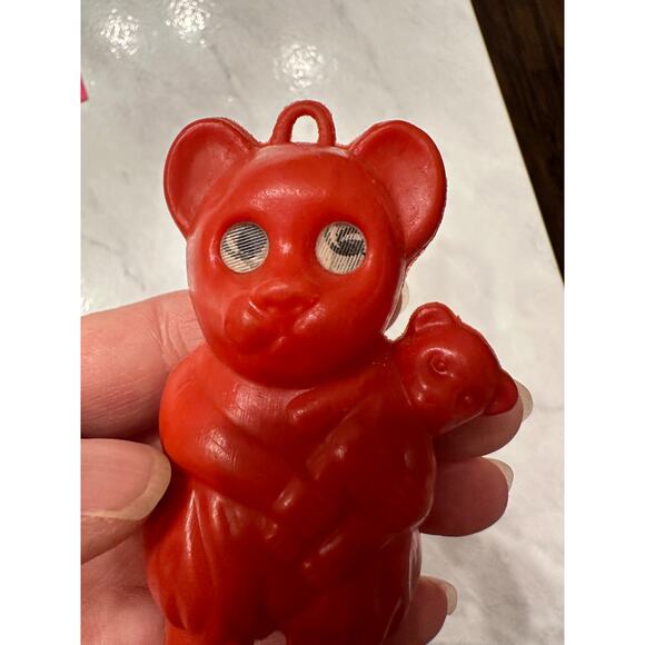 Teddy bear holding bear christmas vintage Hong Kong red ornament plastic eyes - Picture 5 of 5